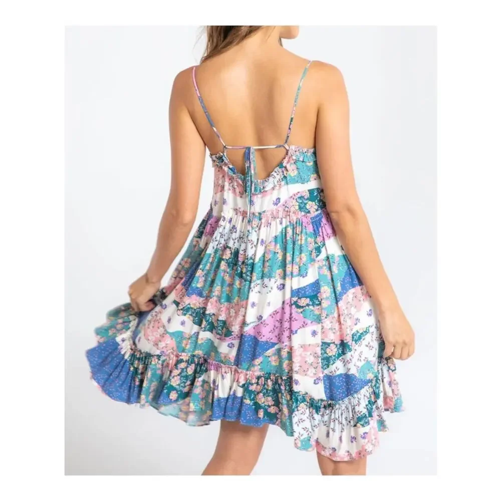 Lovestitch Sammy Mini Dress SZ Large Floral Tiered Boho Ruffles - Picture 3 of 13